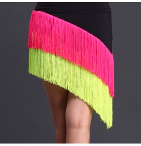 Rainbow black red colored fringes women's ladies female irregular hem competition latin samba cha cha salsa dance skirts